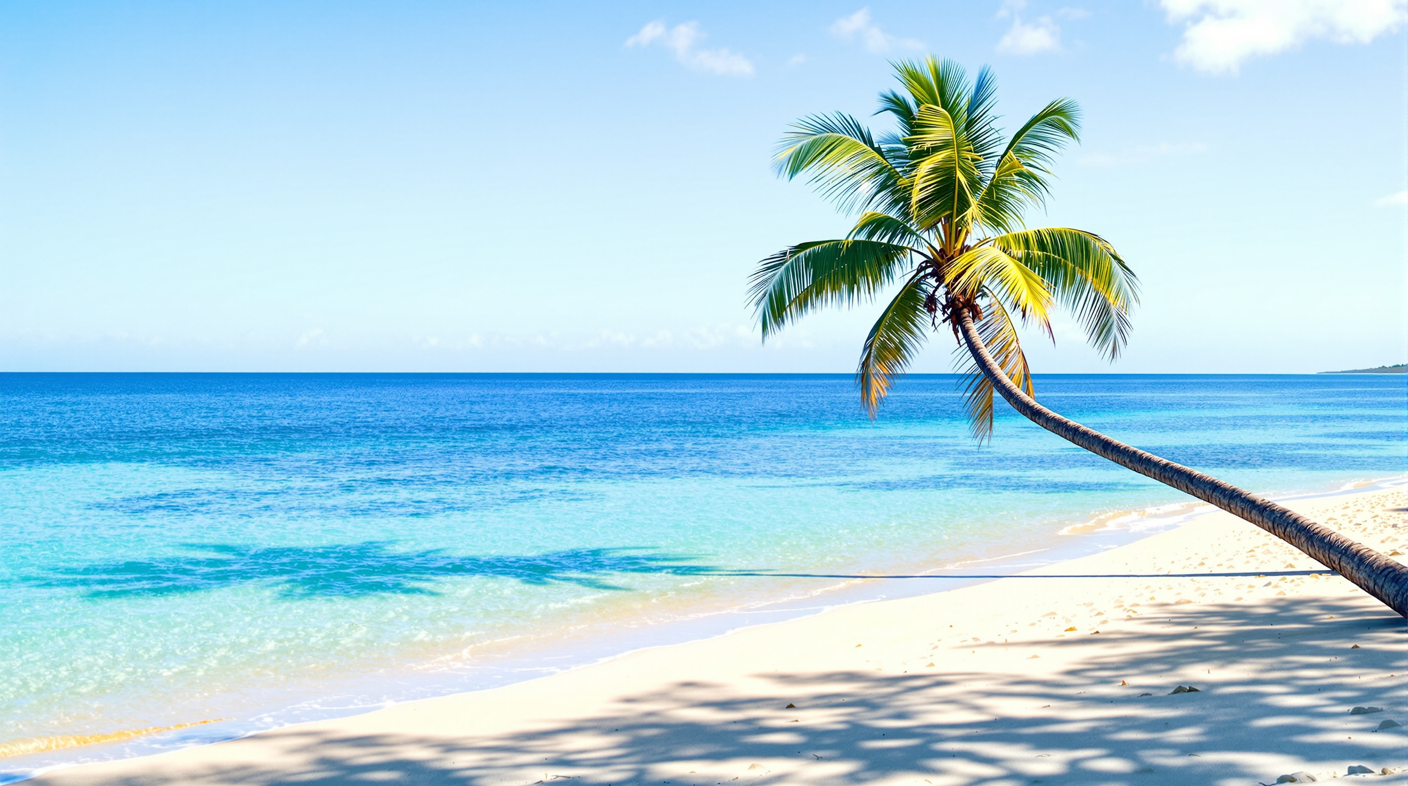 Calm turquoise shallows and a palm tree on the shore of San Andres island