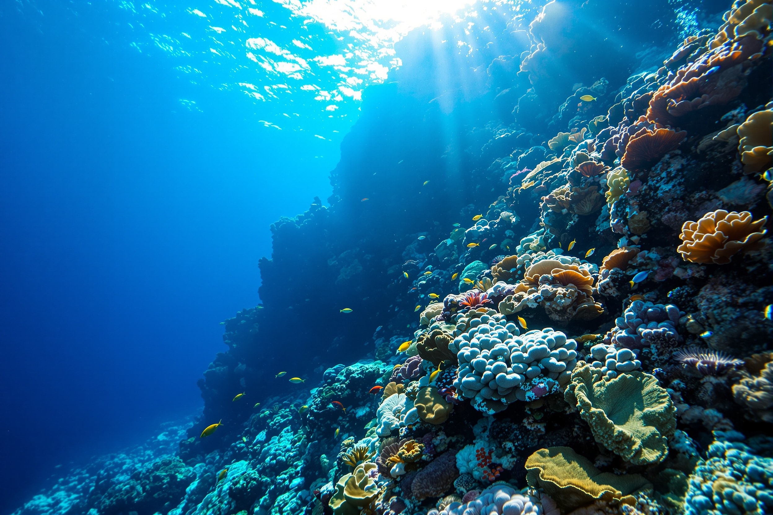 Coral wall dropping into deep blue water with reef fish, a signature San Andres dive site