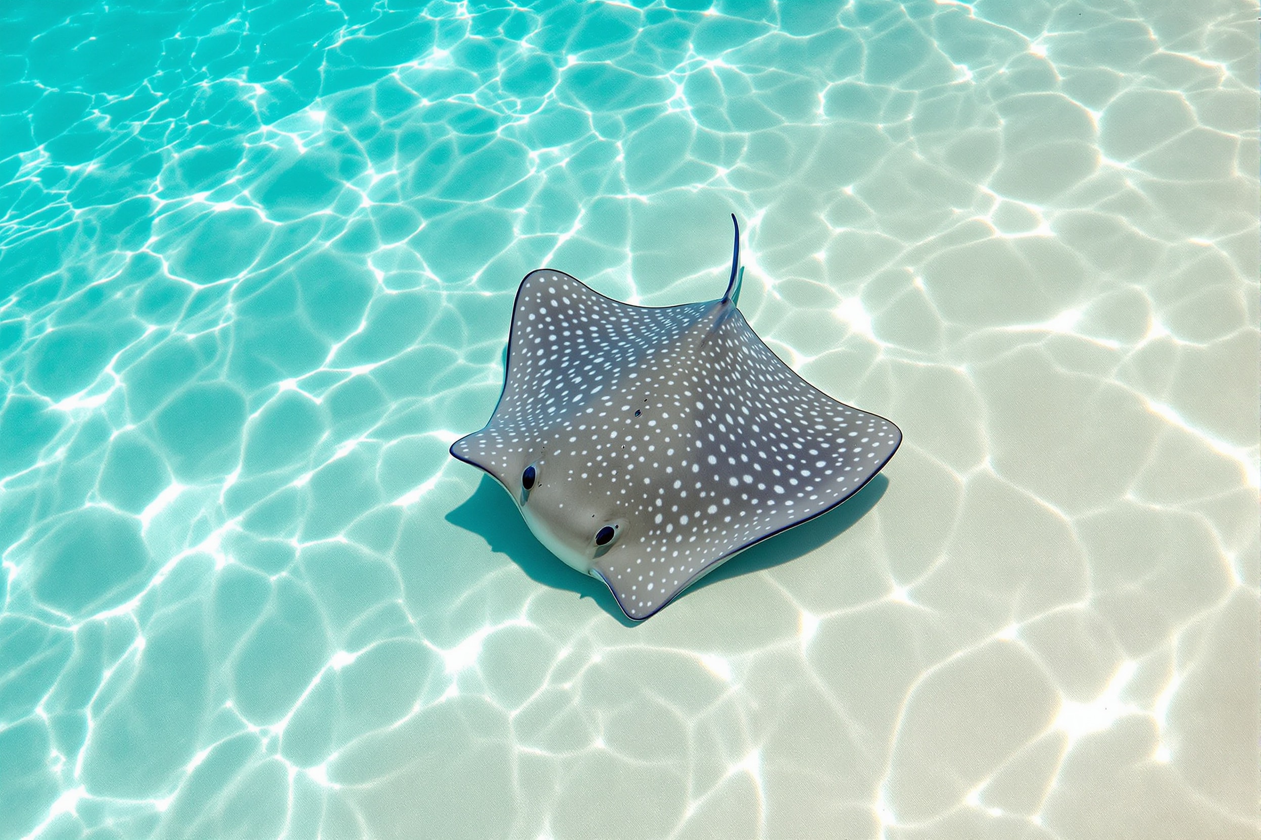 A southern stingray gliding over the sandy shallows of El Acuario, San Andres
