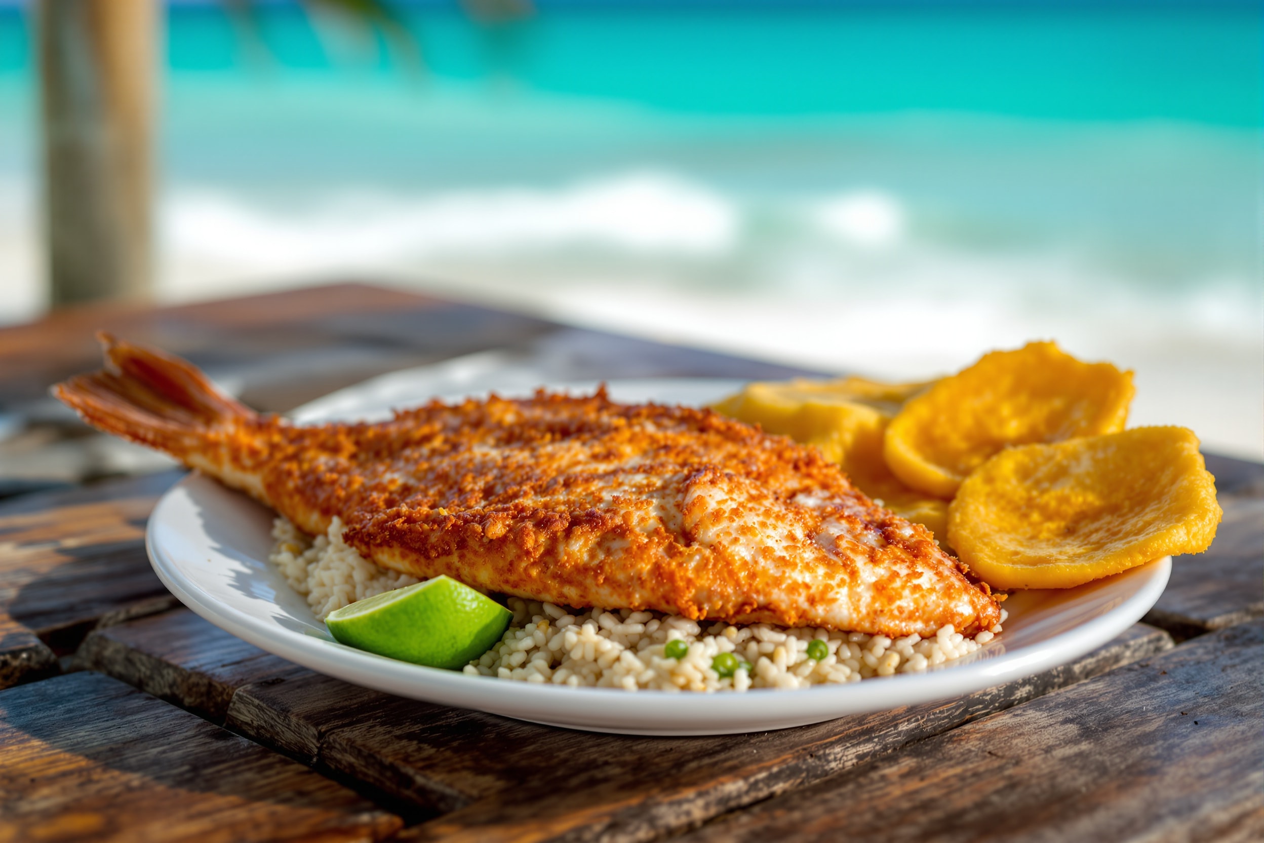 A plate of whole fried fish with coconut rice and patacones at a beachside restaurant in San Andres