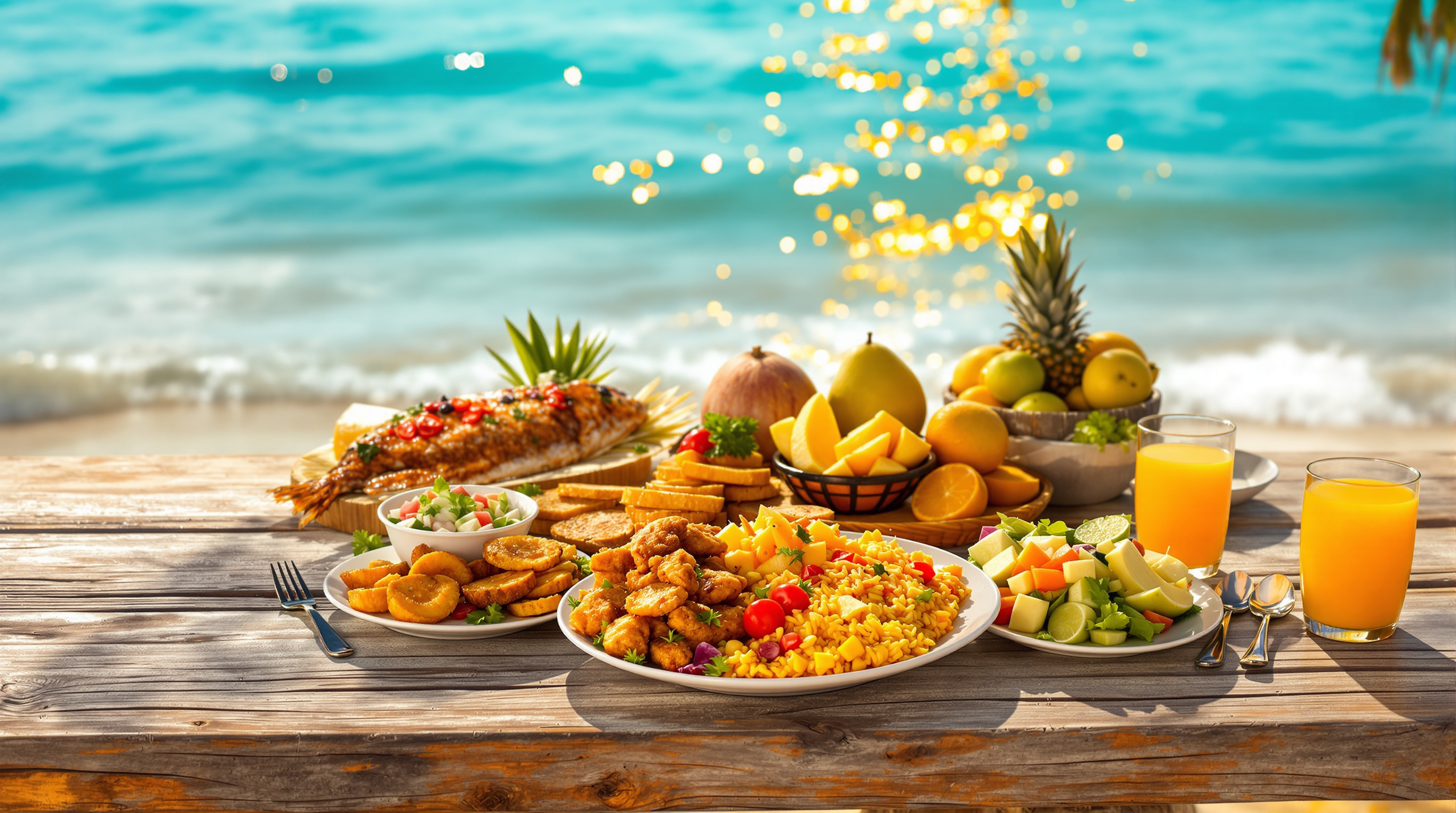 A traditional San Andres meal of fried fish, coconut rice and fried plantain served beside the Caribbean