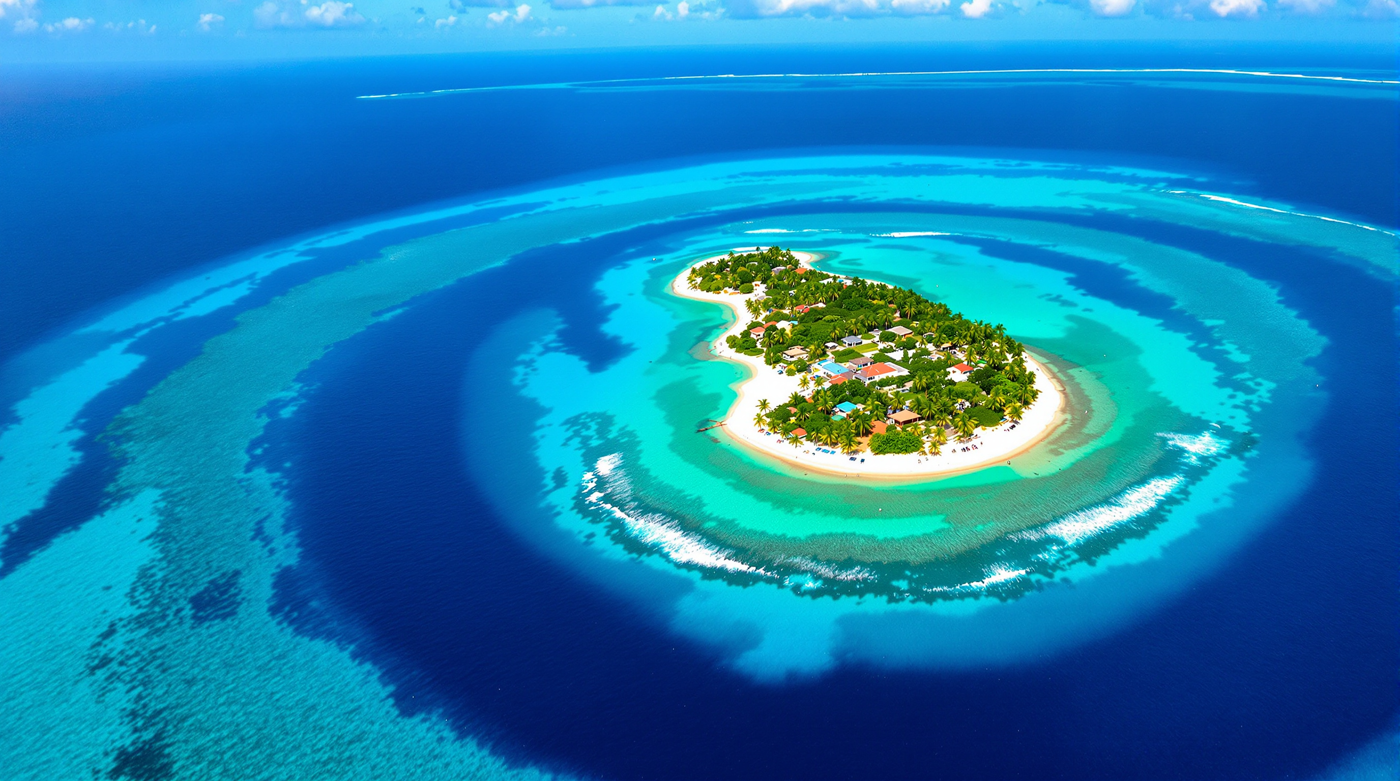 Aerial view of San Andres island ringed by turquoise and deep-blue Caribbean water, the Sea of Seven Colors