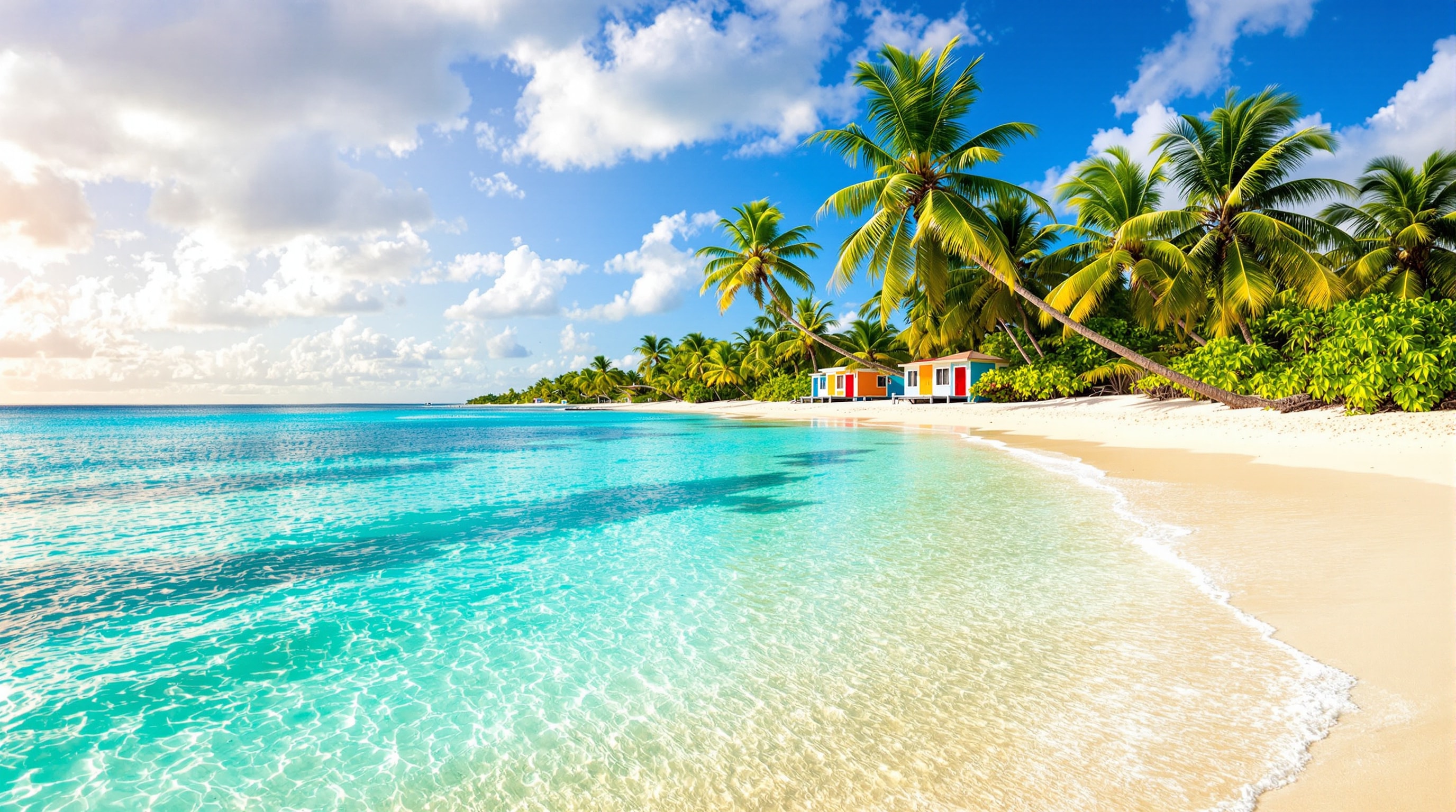 Colourful coastline of San Andres with palm trees and the layered turquoise Sea of Seven Colors