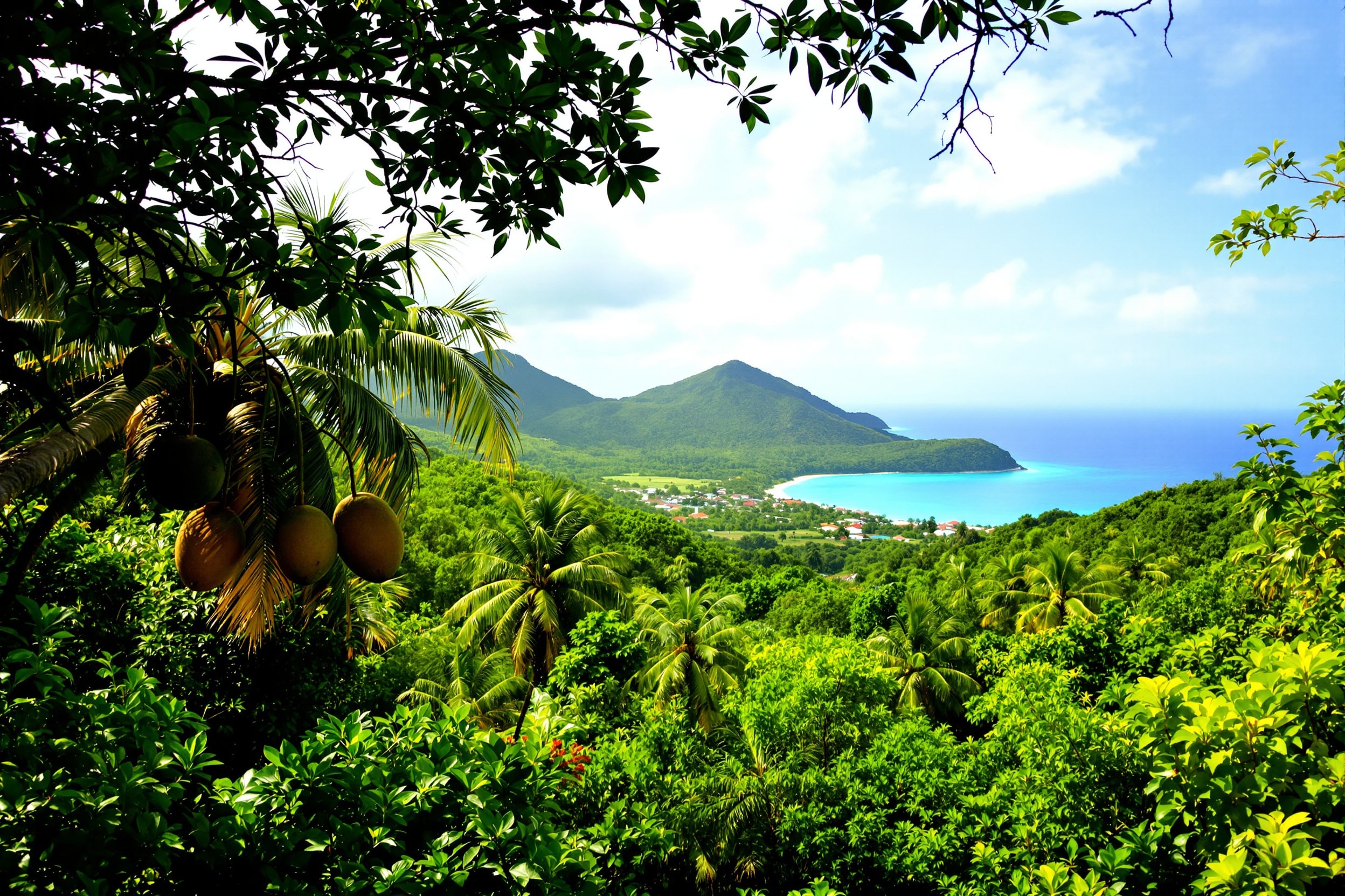 Green interior of San Andres seen from La Loma hill, coconut palms and rooftops above the Caribbean