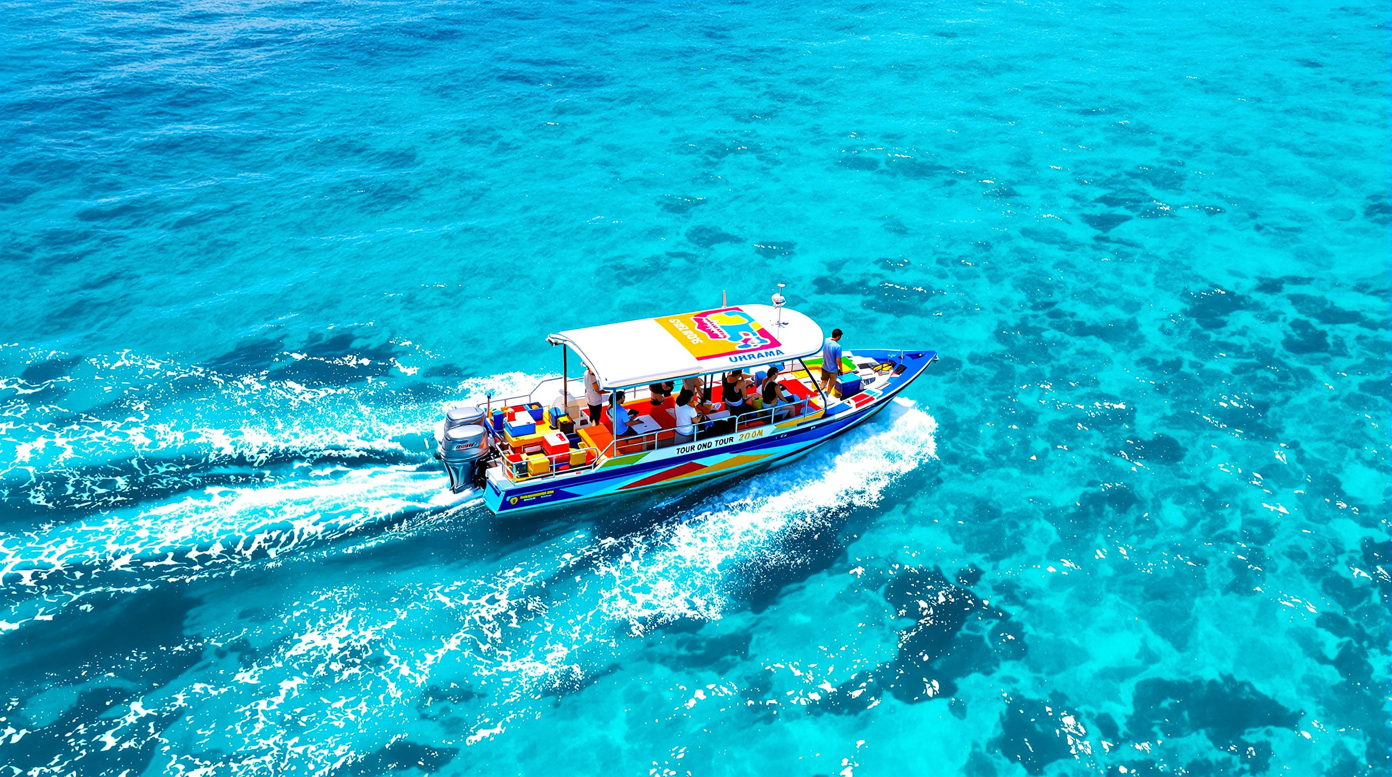 A small tour boat on brilliant turquoise water heading out to the cays off San Andres island