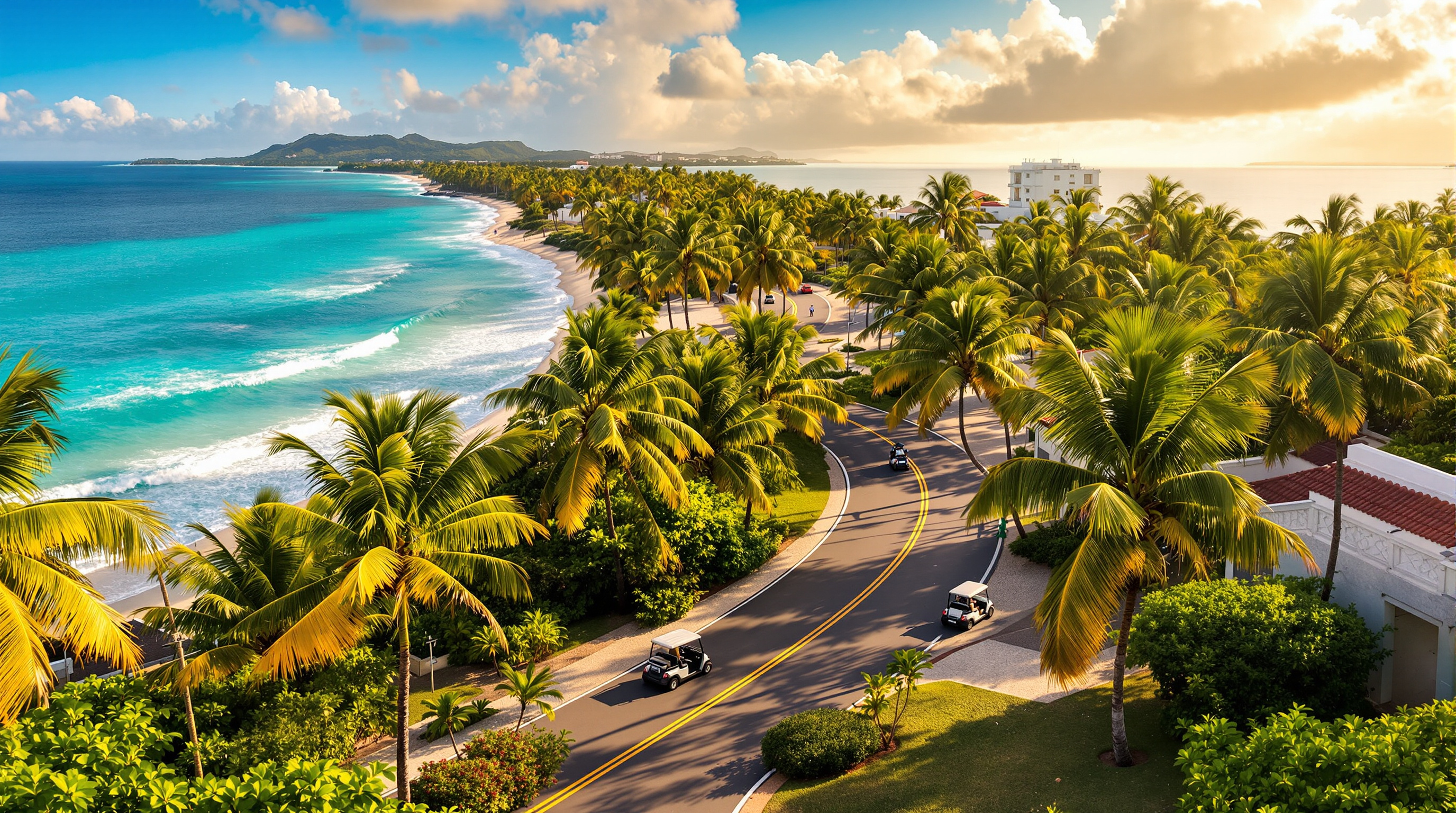 A palm-lined coastal road on San Andres with golf buggies and the turquoise Caribbean alongside
